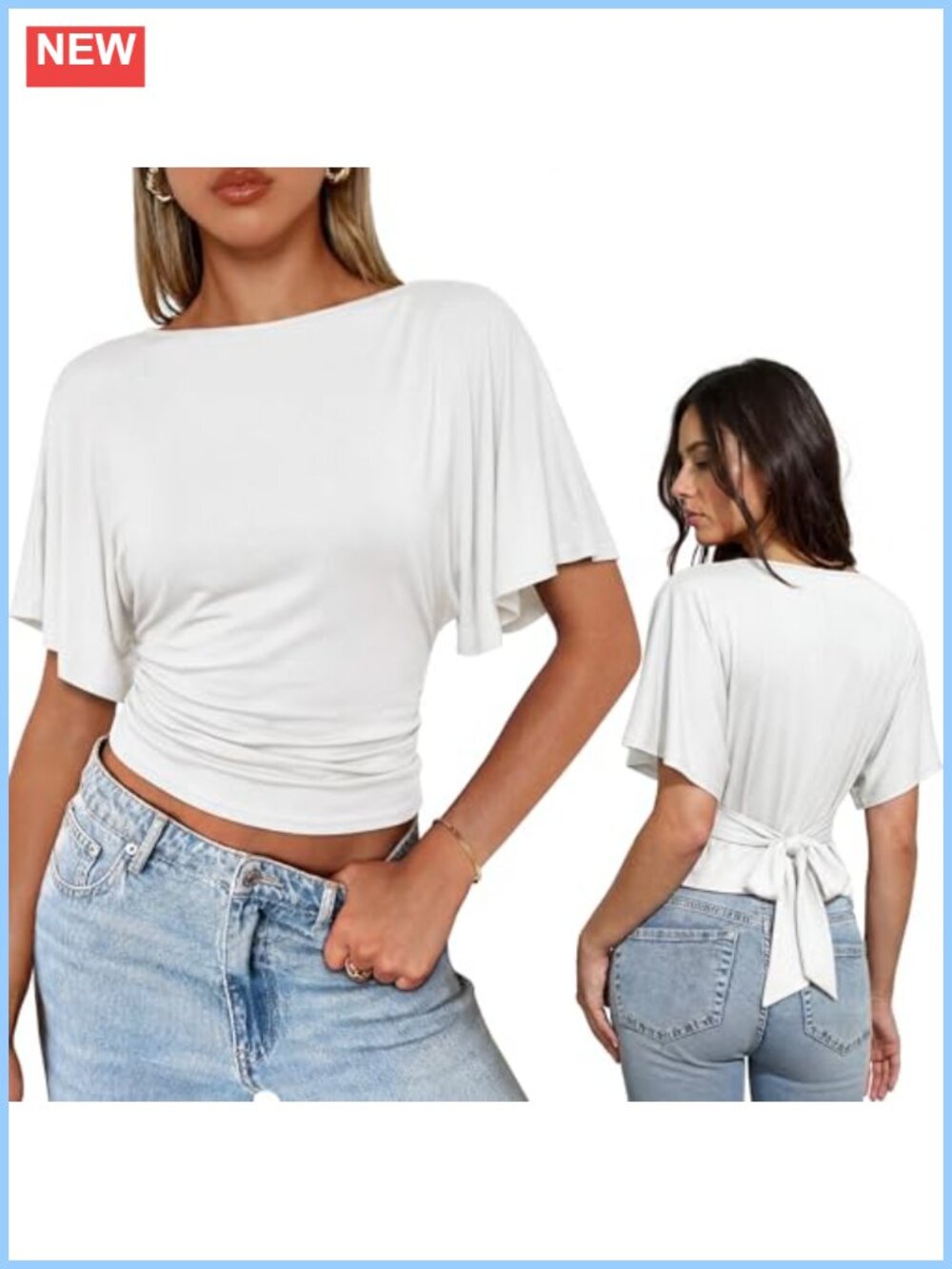 Womens Tie Back Blouse Boat Neck Flutter Sleeves Wrap Cinched Tops 95% Rayon 5%